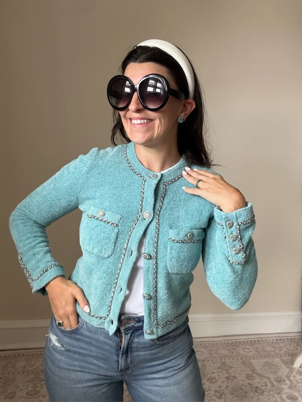 Chanel 2020 cruise resort terry cloth aqua jacket with chain detail size 34